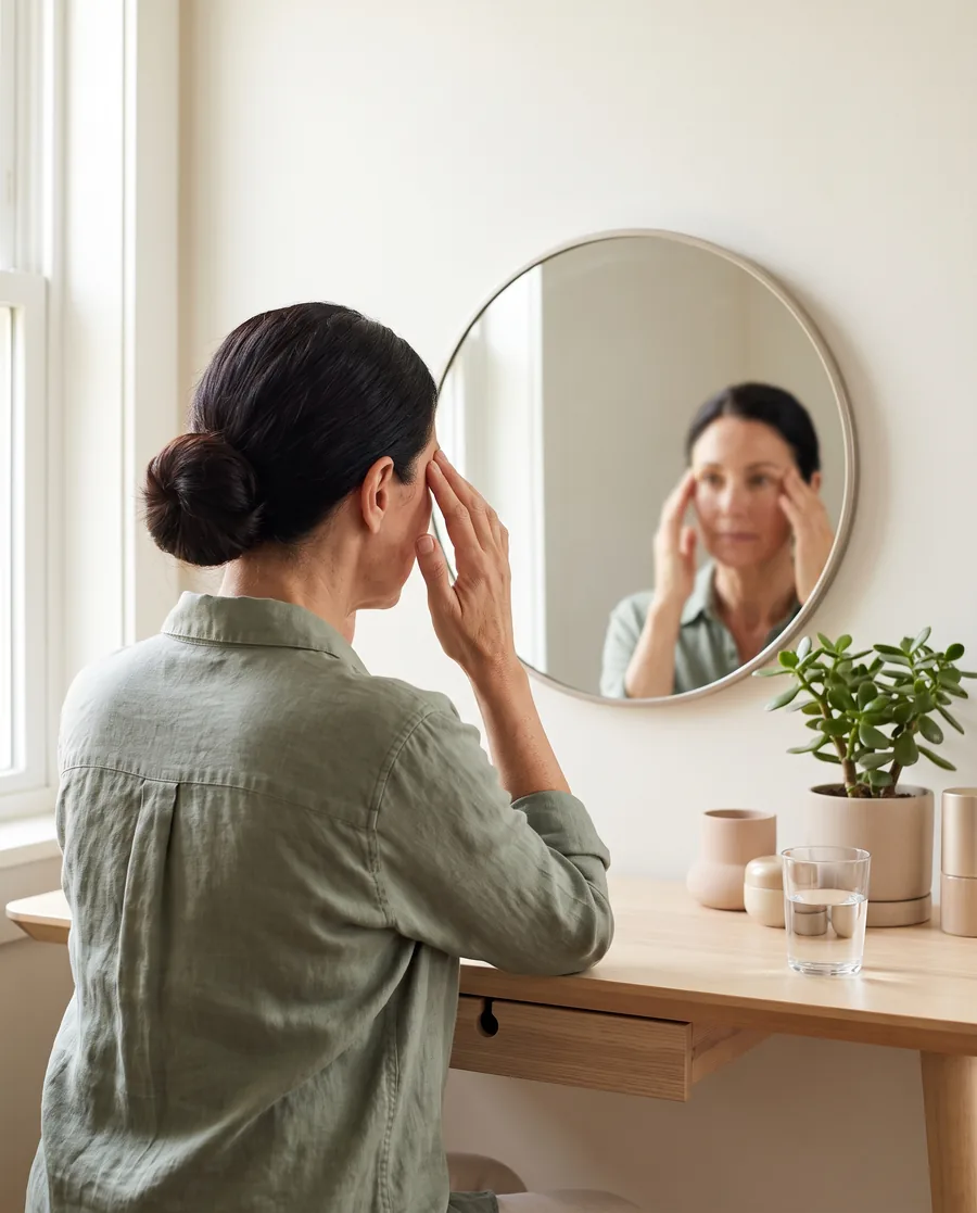 Mulher diante do espelho praticando um exercício facial com as pontas dos dedos nas têmporas