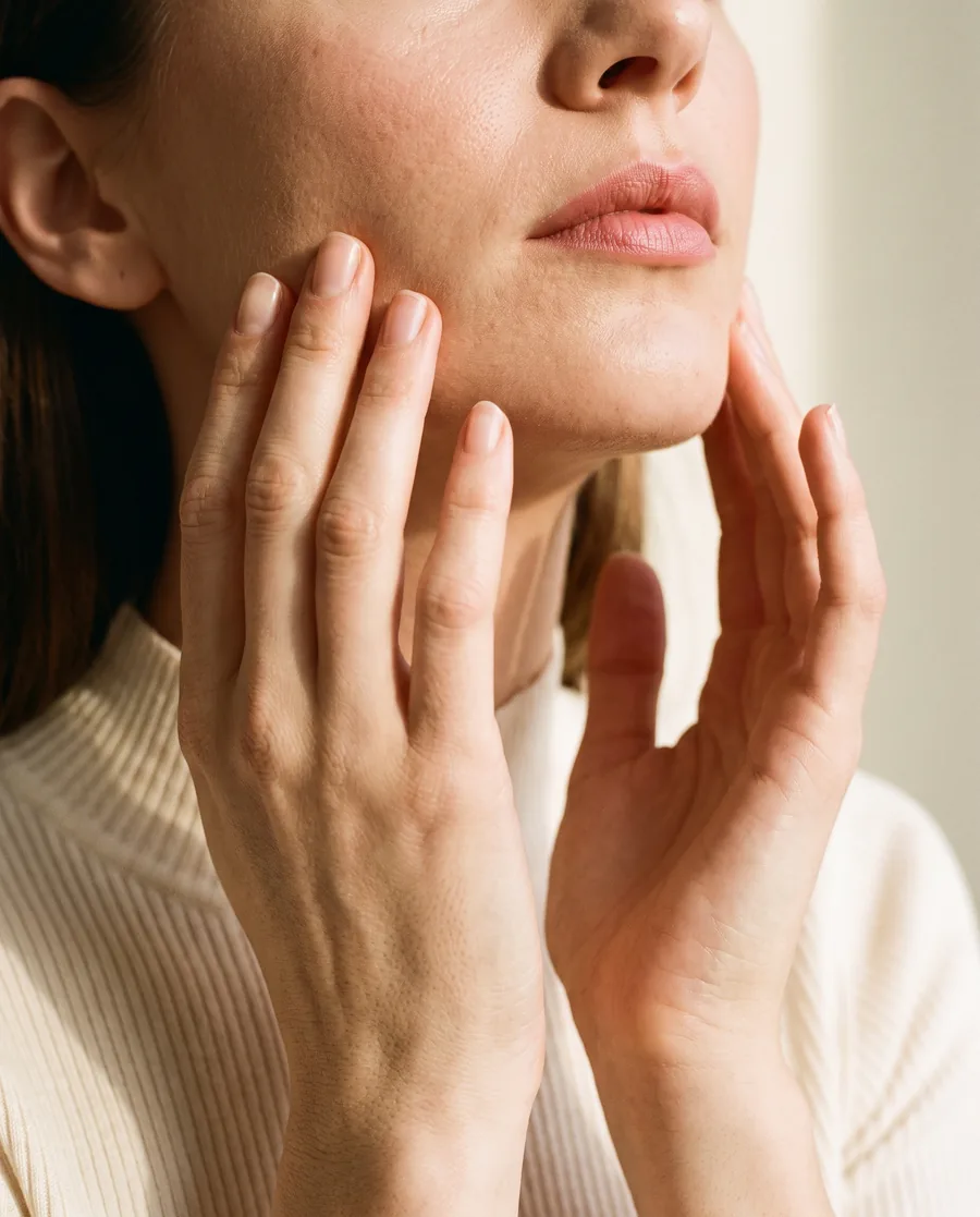 Mãos realizando uma massagem facial suave na região do maxilar