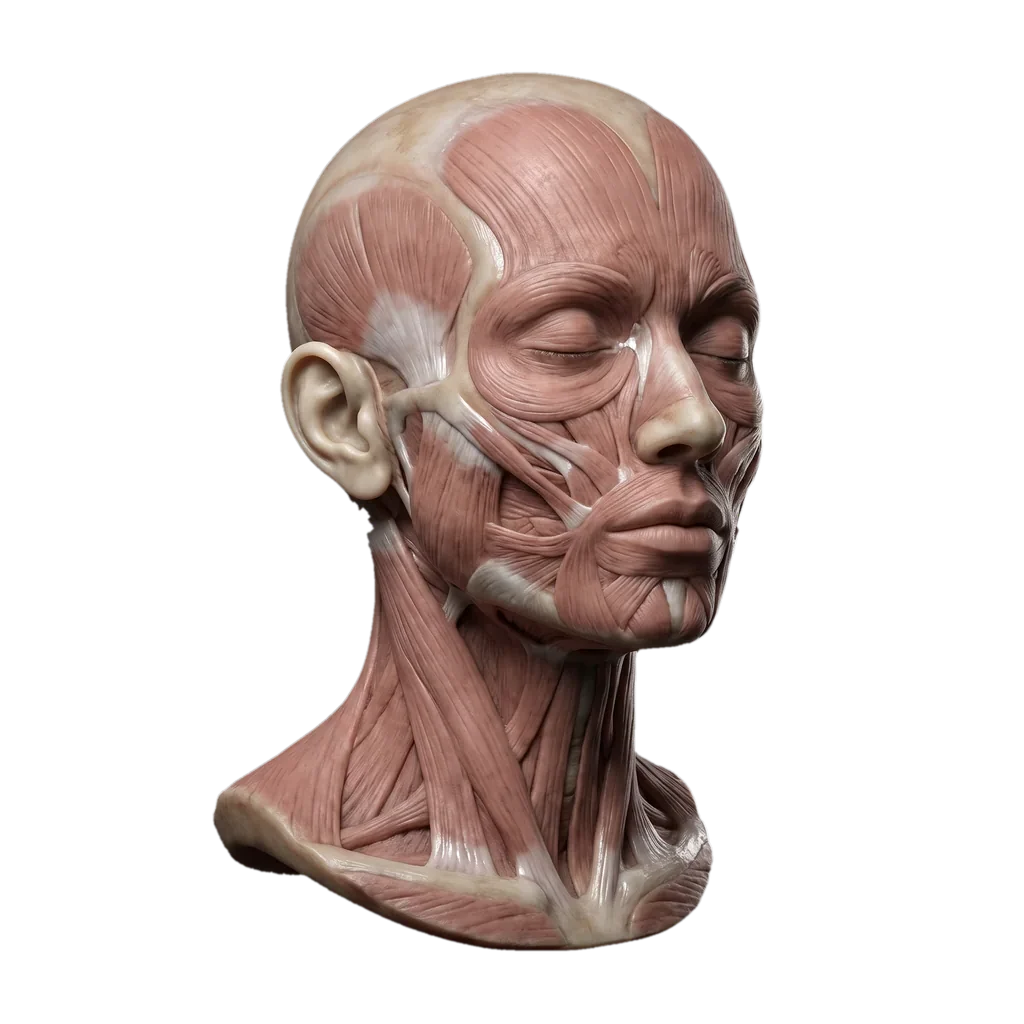 Ilustração anatômica da musculatura da face e do pescoço