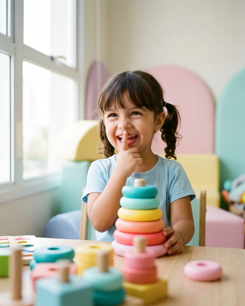 Menina sorrindo enquanto brinca com argolas coloridas de encaixar na sala de atendimento infantil